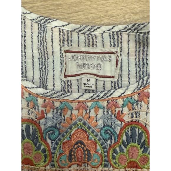 JOHNNY WAS Workshop Tamia Peasant Tunic Dress Size M Cotton Blend Striped - Picture 3 of 7